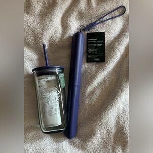 New With Tags Starbucks Lot Clear Recycled Glass Purple Top + Straws & Cleaner